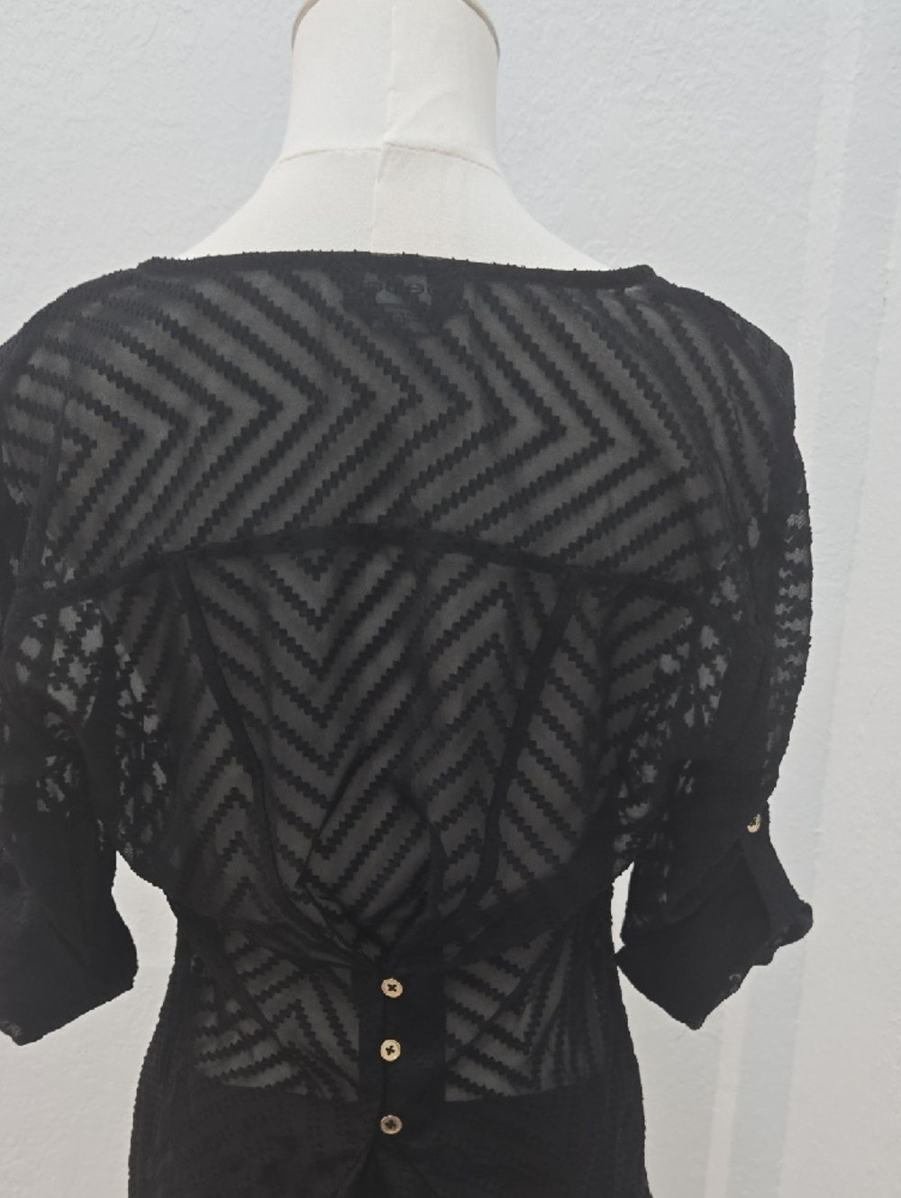 bebe Black Sheer Chevron Top with Gold Buttons - Picture 4 of 8